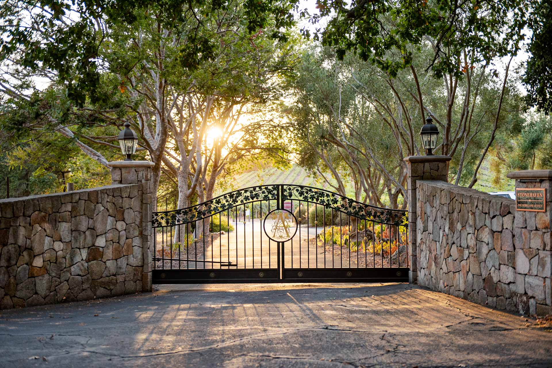 Ackerman Family Vineyards gate with sunlight peeking through